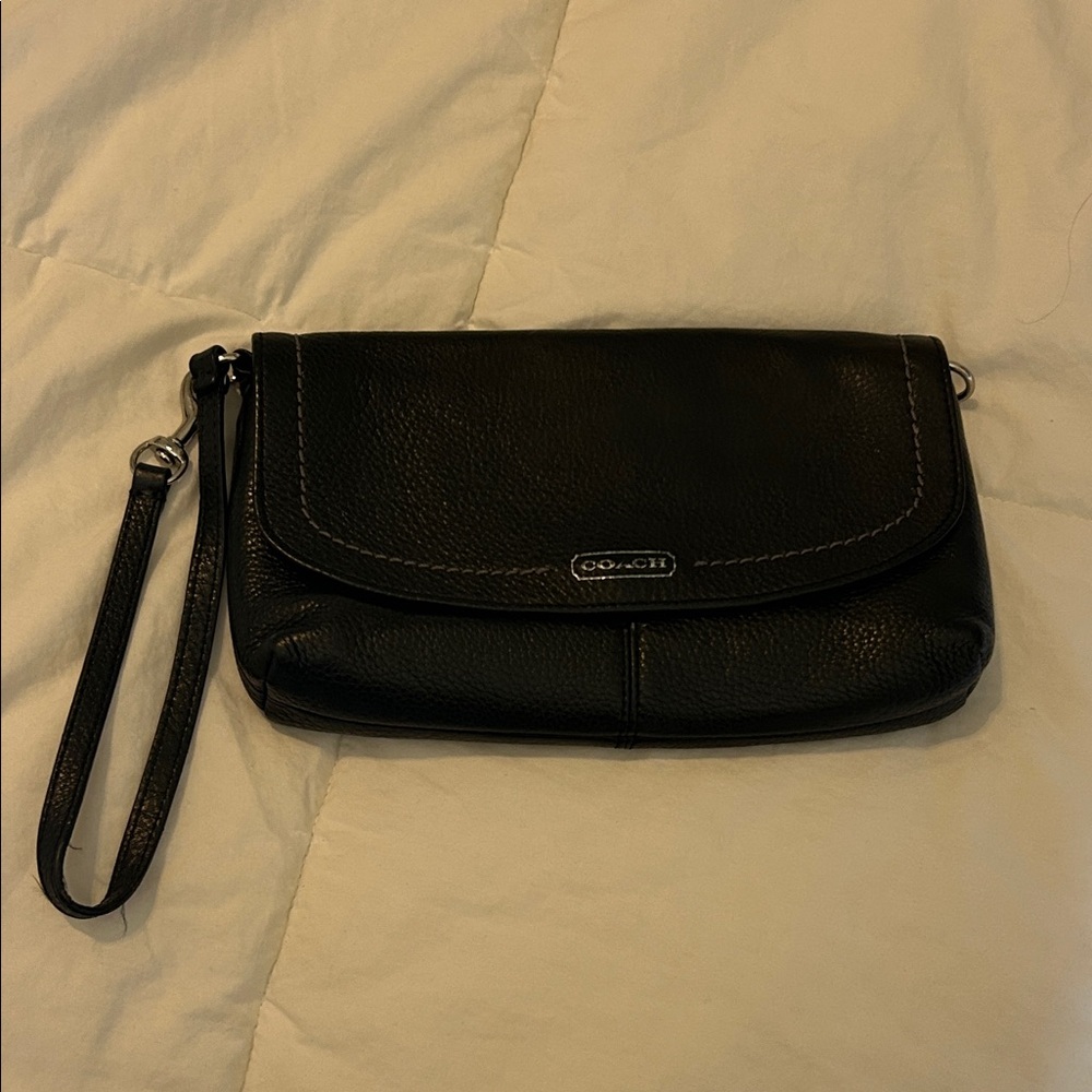 Coach Black Wristlet with emerald green inside